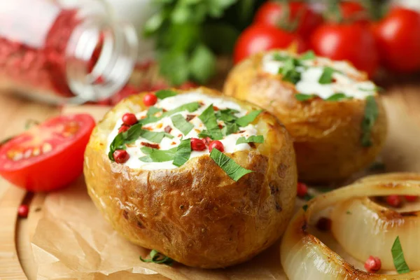 Concepto Comida Sabrosa Con Papas Horno Cerca — Foto de Stock