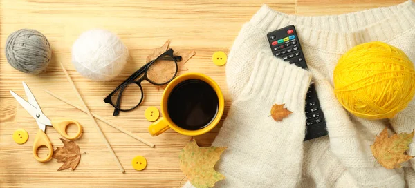 Concept Knitting Yarn Balls Wooden Table — Stock Photo, Image