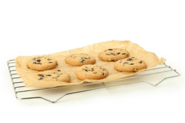 Beyaz arkaplanda izole edilmiş balkabağı kurabiyeleriyle pişirme rafı.