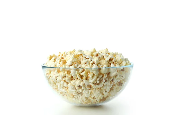 Skleněná Mísa Popcorn Izolovaných Bílém Pozadí — Stock fotografie