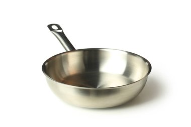 Metal boş kase beyaz arkaplanda izole.