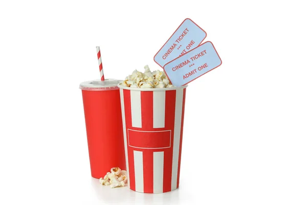 Cinema Voedsel Met Tickets Geïsoleerd Witte Achtergrond — Stockfoto