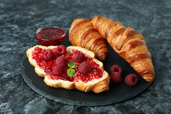 Concept Delicious Food Croissants Raspberry Jam Black Smokey Background — Stock Photo, Image