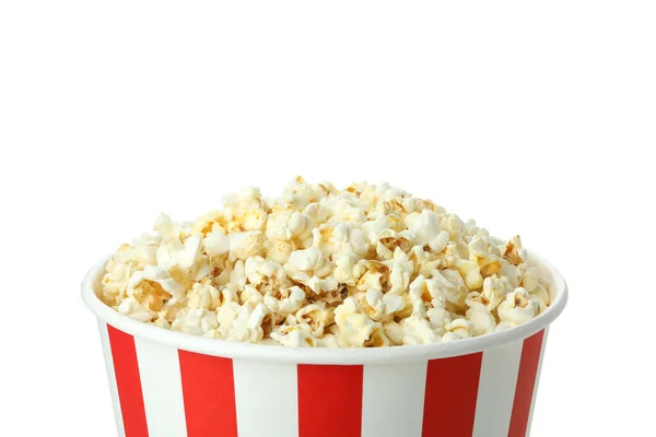 Randig Pappersmugg Med Popcorn Isolerad Vit Bakgrund — Stockfoto