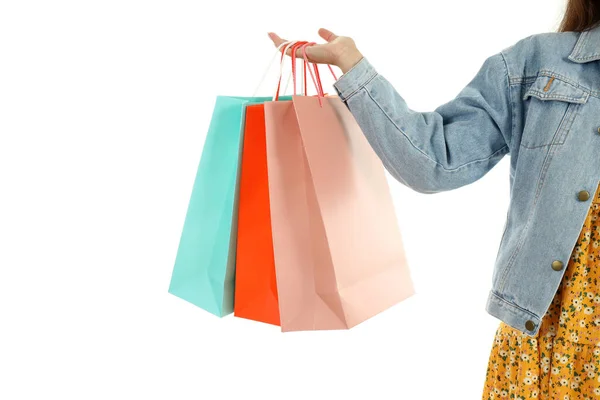 Fille Avec Des Sacs Papier Multicolore Isolé Sur Fond Blanc — Photo