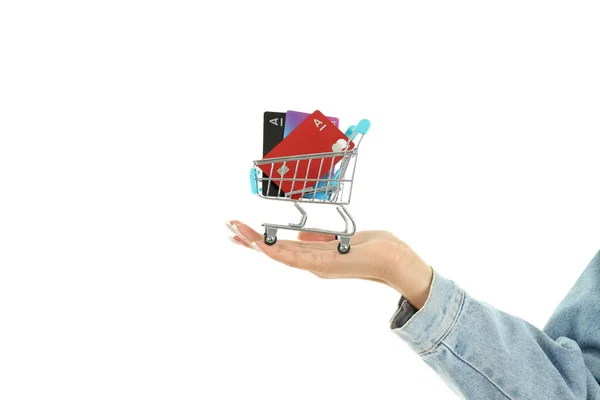 Жіноча Рука Тримає Візок Магазину Кредитними Картками Ізольовані Білому Тлі — стокове фото