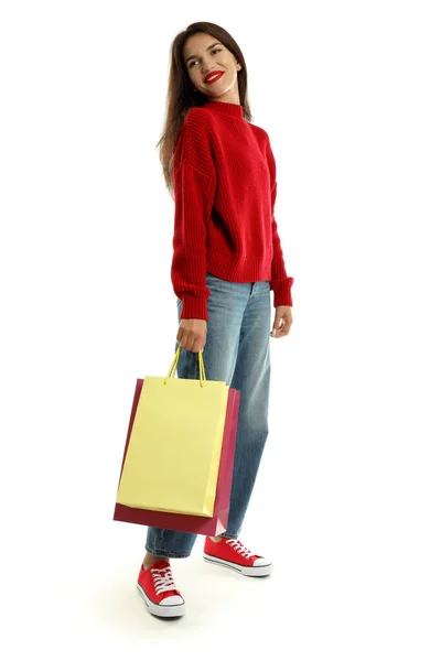 Девушка Разноцветными Бумажными Пакетами Изолированы Белом Фоне — стоковое фото