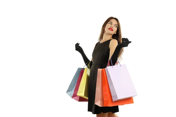 Fille Avec Des Sacs Papier Multicolore Isolé Sur Fond Blanc — Photo