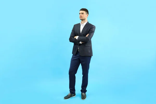 Young Businessman Classic Suit Blue Background — Stock Photo, Image