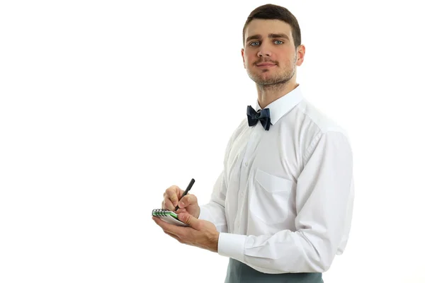 Young Man Waiter Notebook Pen Isolated White Background — Stock Photo, Image