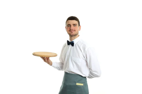 Cameriere Giovane Tiene Vassoio Isolato Sfondo Bianco — Foto Stock