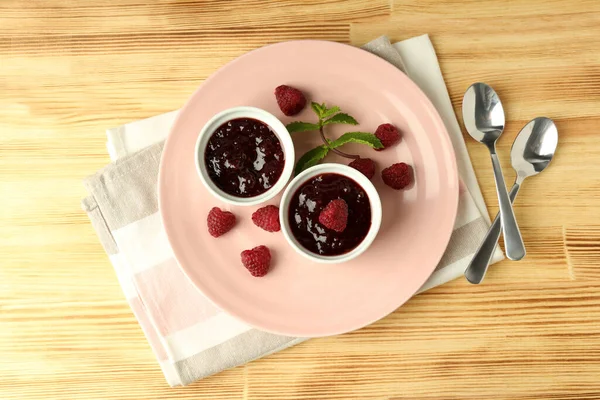 Concept Tasty Food Raspberry Jam Wooden Background — Stock Photo, Image