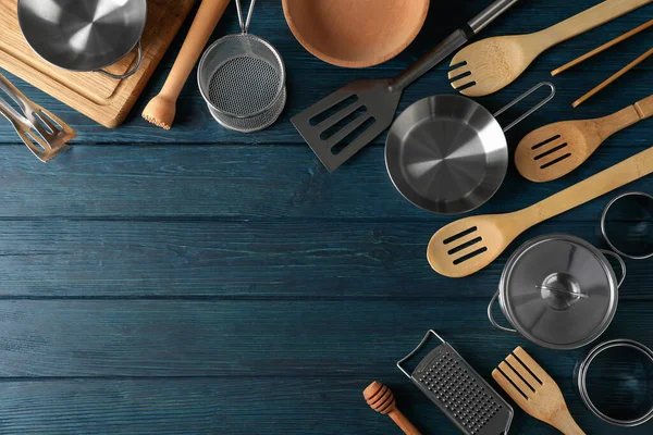 Different Kitchen Utensil Blue Wooden Background — Stock Photo, Image