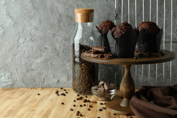 Konzept Des Leckeren Essens Mit Schokoladenmuffins Platz Für Text — Stockfoto