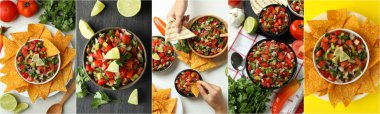 Pico de Gallo 'nun kolajı farklı arka planlarda, üst görünümde
