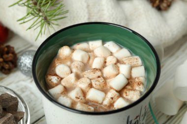 Kakaolu lezzetli içecek kavramı, yakın plan.