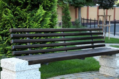 Güzel bir günde parktaki ahşap bank..