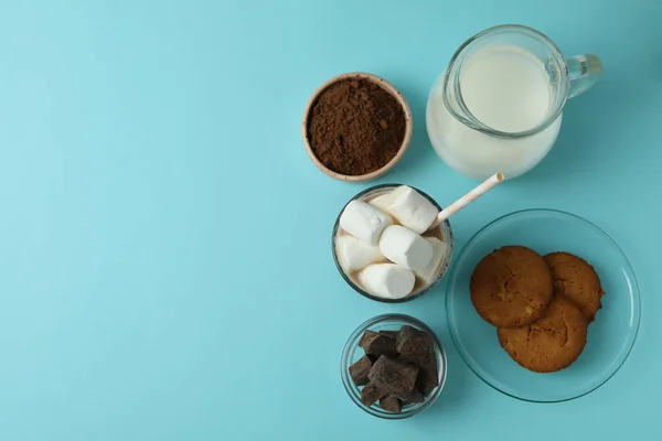 Concept Tasty Drink Cocoa Blue Background — Stock Photo, Image