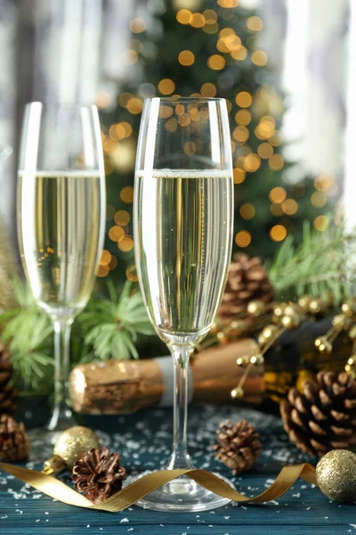 Concept Célébration Nouvel Avec Champagne Sur Table Bois — Photo