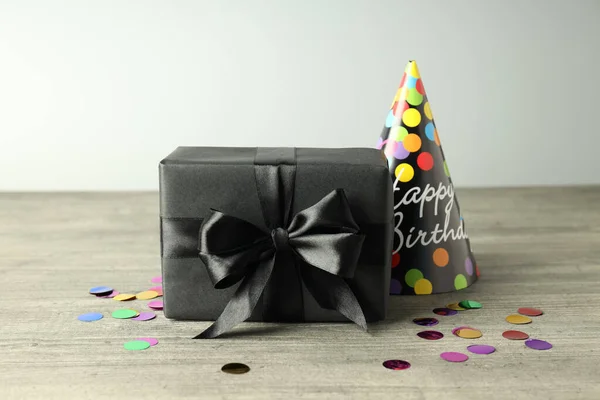 Gift Box Party Hat Glitter Gray Wooden Table — Stock Photo, Image