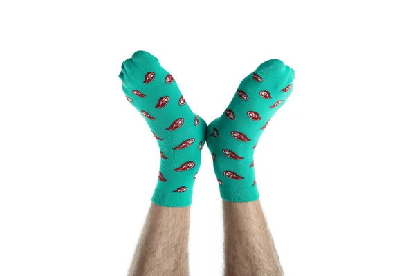 Beyaz Arka Planda Izole Edilmiş Komik Çoraplı Erkek Bacakları — Stok fotoğraf