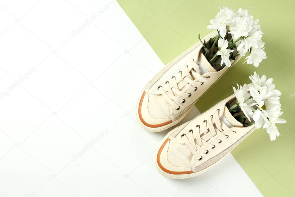 Pair of sneakers with flowers on two tone background