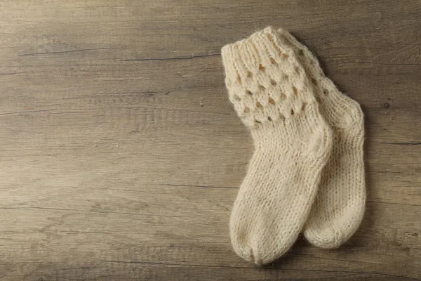 Pair Woolen Socks Wooden Background — Stock Photo, Image