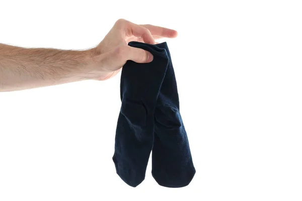 Männliche Hand Hält Schmutzige Socken Isoliert Auf Weißem Hintergrund — Stockfoto