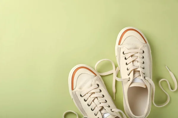 Sepasang Sepatu Beige Latar Belakang Hijau — Stok Foto