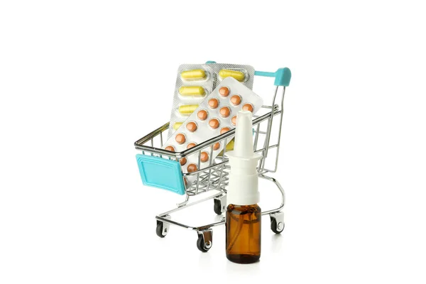 Nosní Sprej Obchod Vozík Pilulky Izolované Bílém Pozadí — Stock fotografie
