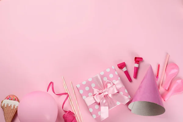 Birthday Accessories Pink Background Space Text — Stock Photo, Image