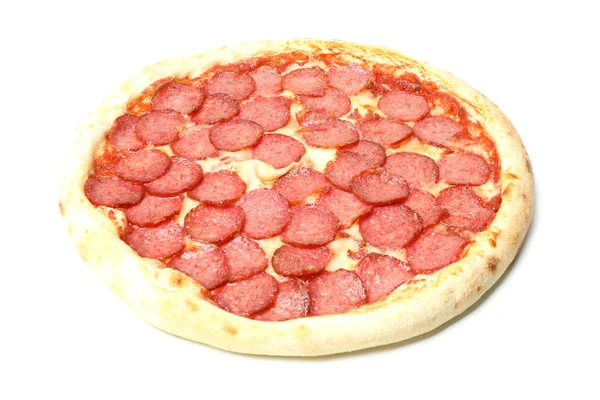 Lekkere Salami Pizza Geïsoleerd Witte Achtergrond — Stockfoto