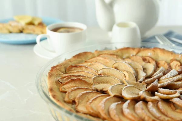 Concetto Cibo Saporito Con Torta Mele Tavolo Strutturato — Foto Stock