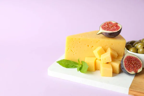 Concept Cooking Eating Hard Cheese Purple Background — Stock Photo, Image