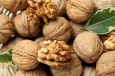 Hasır kasedeki cevizler beyaz arka planda.