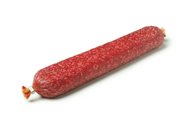 Salame Saboroso Salsicha Isolado Fundo Branco — Fotografia de Stock