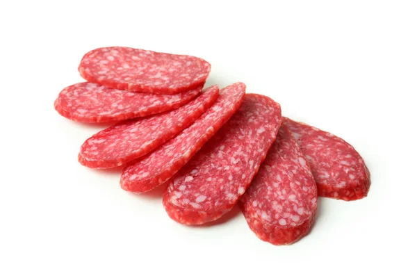 Slicing Sausage Salami Isolated White Background — Stock Photo, Image