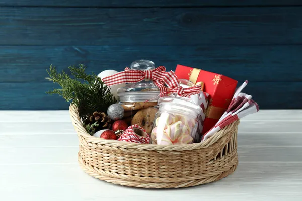 Concept Gift Christmas Basket White Wooden Table — Stock Photo, Image