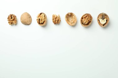 Beyaz arka plan üzerinde ceviz ile düz yatıyordu kompozisyon