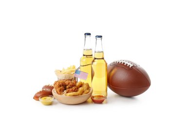 Beyaz arka planda izole edilmiş Super Bowl atıştırmalıkları kavramı