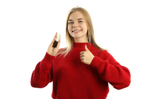 Mujer Joven Con Aerosol Nasal Aislado Sobre Fondo Blanco — Foto de Stock