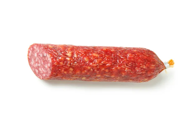 Smaklig Korv Salami Isolerad Vit Bakgrund — Stockfoto