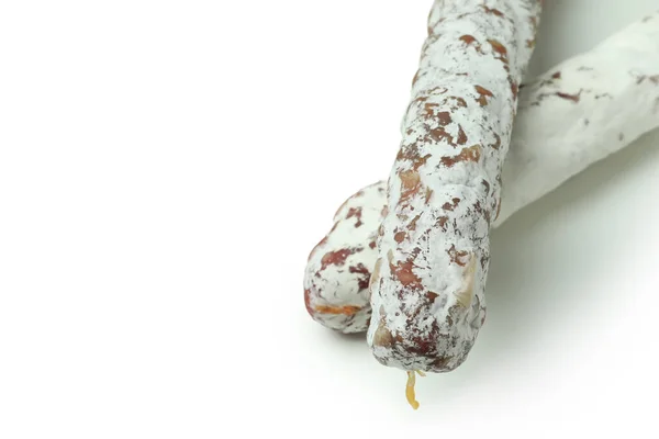 Smaczne Salami Kiełbasa Izolowane Białym Tle — Zdjęcie stockowe