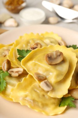 Lezzetli yemek kavramı ve dokuma masasında ravioli.