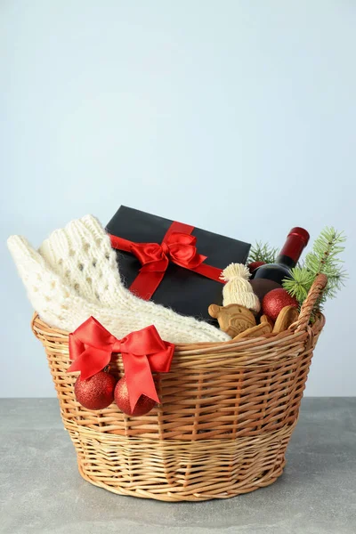 Concept Gift Christmas Basket Gray Textured Table — Stock Photo, Image