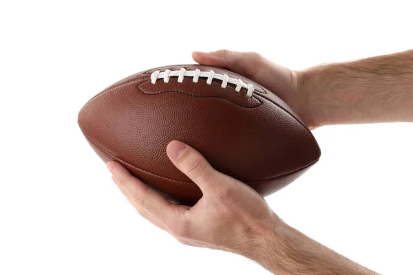 Beyaz Arka Planda Izole Edilmiş Amerikan Futbol Topunu Erkek Eller — Stok fotoğraf