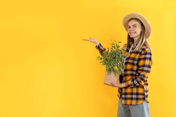Muda Menarik Gadis Tukang Kebun Latar Belakang Kuning — Stok Foto