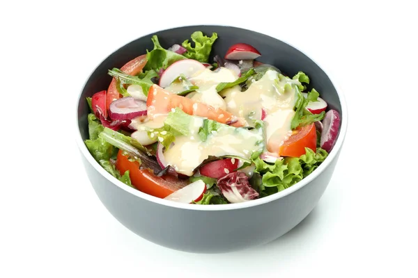 白い背景に隔離されたタヒニソースと野菜サラダとおいしい料理の概念 — ストック写真