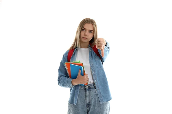 Estudiante Chica Con Pulgar Hacia Abajo Aislado Sobre Fondo Blanco — Foto de Stock