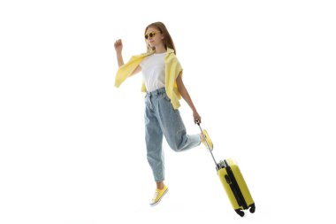 Beyaz arka planda izole edilmiş çekici kız, seyahat konsepti.